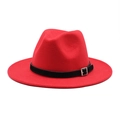 Detail of red wool felt fedora featuring a black leather band with a silver metal buckle - Red