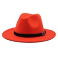Detailed view of red felt fedora hat featuring a stylish black leather belt buckle band - M (55-58cm) / Orange Red