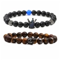 Tiger eye and matte black stone crown bracelet set for couples with blue crystal accents - Black Blue Zirconia Crown Set