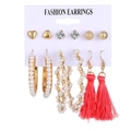 6-pair set of gold heart studs, pearl hoops, and red tassel earrings on display card - Red Tassels Pearl Heart Style (HJ377-11)