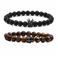 Set di bracciali in occhio di tigre e perline nere opache con ciondolo a corona - Set Corona in Zircone Nero Gun Black