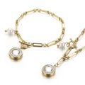 Golden stainless steel bracelet with crystal pendant and white pearl with T-bar clasp - Gold Color White Gemstone Pendant Set (KS139445-Z)
