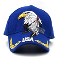 Blue baseball cap featuring eagle embroidery with USA text and laurel brim detail - Adjustable / Blue