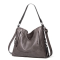 Retro grey leather tote bag with dual zippers and adjustable shoulder straps on white background - Gray