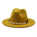 Classic bright yellow wool fedora hat with pearl embellished band for women - M (55-58cm) / Yellow