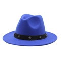 Detail of royal blue wool fedora hat with black band and sparkling crystal flower studs - Sapphire Blue