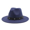 Close-up of deep blue wool fedora featuring a black band with floral rhinestone studs - Navy Blue