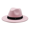 Detail of pink wool fedora hat featuring a black ribbon band with sparkling rhinestones - Pink