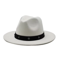 Detail of white felt fedora hat featuring black ribbon band with rhinestone embellishments - White