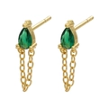 Close-up of gold stud earrings featuring drop-shaped green stones and delicate metal chains - Gold Water Drop with Chain