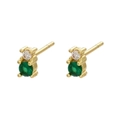 Detailed side view of gold-plated stud earrings featuring green and clear round zircons - Gold Bear Double Stone Style