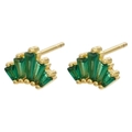 Detailed shot of fan-shaped gold stud earrings with baguette-cut green crystals - Gold Geometric Fan