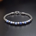 Adjustable 6mm tiger eye stone bracelet for men with silver stainless steel braided chain - White Spot Blue 6mm Stainless Steel