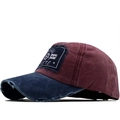 Vintage washed cotton baseball cap in burgundy and navy with distressed edges and patch - Wine Red & Navy Blue (03)