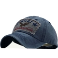 Berretto da baseball in denim blu lavato vintage con ricamo aquila e testo jaguar - Blu navy