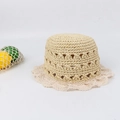 Detailed macro view of beige straw bucket hat with handmade lace trim and crochet hollow mesh - Kids (50-53CM) / Beige