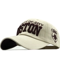 Detail of beige cotton baseball cap with 3D burgundy Boston embroidery and side shield patch - Adjustable / Camel