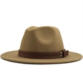 Camel wool fedora hat featuring a classic wide brim and brown leather studded band - Camel