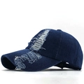 Gorra de béisbol de mezclilla azul oscuro lavada con efecto vintage y detalles rotos - Ajustable / Azul marino