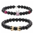 Matte and glossy black stone bead bracelets set with silver and gold crown charms - White Gold Crown Rose Red Set