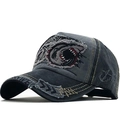 Gorra de béisbol de algodón lavado vintage con bordado de tiburón desgastado para hombre y mujer - Estilo de Bordado de Tiburón / Negro