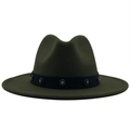Dark olive green wool fedora hat with elegant diamond-encrusted floral ribbon band - M (56-58cm) / Green