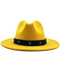 Classic yellow wool fedora hat with flat brim and decorative rhinestone floral band - M (56-58cm) / Yellow