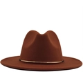 Rust red wool fedora hat for women featuring a stylish gold metal chain accent - Caramel color