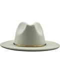 Close-up of white wool fedora hat featuring a stylish cylindrical gold buckle accent - White