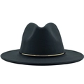 Detailed view of black wool fedora hat with a thin gold metal band on white background - Dark Gray