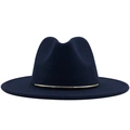 Detail of navy wool fedora hat featuring a slim gold metal decorative band detail - Navy Blue