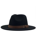 Classic black wool fedora hat with brown leather band and wide brim for autumn fashion - Black