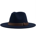 Detail of navy blue felt fedora with brown leather band and silver metal studs - Navy Blue