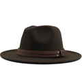 Detail of dark brown wool fedora hat featuring double leather bands and metal rivets - Coffee