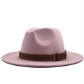 Detail of light pink wool fedora with brown leather band and silver rivet accents - Pink