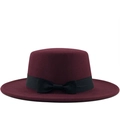 Cappello boater elegante in lana bordeaux con nastro nero e fiocco per autunno e inverno - M (56-58cm) / Borgogna