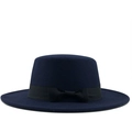 Chapeau en laine bleu marine classique à bord plat et ruban noir pour l'automne-hiver - M (56-58cm) / Bleu marine