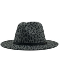 Grijze fedora wollen hoed met luipaardprint, platte rand en gouden gesp voor dames en heren - M (56-58cm) / Donkergrijs Luipaard