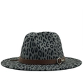Gray leopard print fedora wool hat with brown leather belt and metal buckle on white background - M (56-58cm) / Dark Grey Leopard