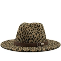 Classic leopard print wool fedora hat with flat brim and brown leather band detail - Light Khaki