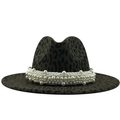 Macro detail of leopard print wool fedora featuring luxury white pearl embellishment - Army Green