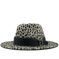 British style wool leopard print fedora hat with wide brim and black leather buckle band - M (56-58cm) / White