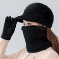 Detail of black winter knit hat, plush lined snood, and gloves set with floral decor - Hat + Neck Warmer / Black