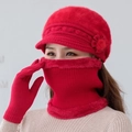 Detailed view of red knitted winter hat set with floral accent and faux fur lining - Hat + Neck Warmer / Red