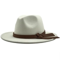 Detail of ivory wide brim fedora hat with dark brown leather band and side flat knot - M (56-58cm) / White