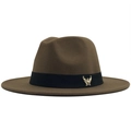 Dark brown wool fedora hat with black ribbon band and golden eagle emblem detail - Adjustable / Khaki