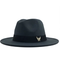 Dark grey wool fedora hat with black ribbon and gold eagle badge in a classic style - Adjustable / Dark Gray