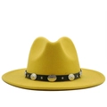 Classic yellow wool felt fedora hat featuring a black leather band with silver metal studs - Adjustable (56-58cm) / Yellow