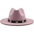 Pink wide brim wool fedora hat with black leather belt and silver metal buckles - Adjustable / Pink