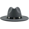 Classic grey felt fedora hat featuring a black belt with silver metallic studs and buckles - Adjustable / Gray